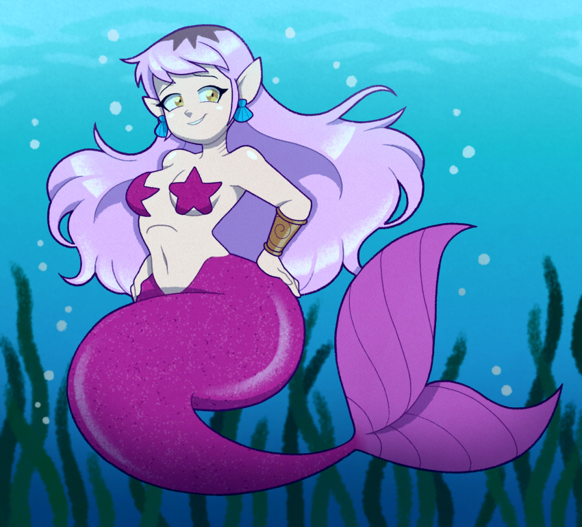 1girl alternate_species amity_blight breasts bubble disney highres kelp mermaid mermay_2024 monster_girl narrow_waist navel ocean pasties seaweed small_breasts solo starfish_pasties tail the_owl_house thick_thighs thighs tonyneely underwater water wide_hips