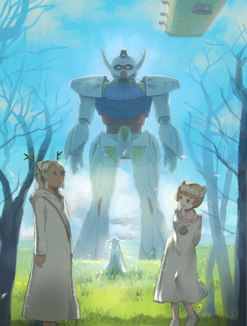 1boy 2girls absurdres bare_tree blue_eyes brown_eyes brown_hair commentary_request dark-skinned_male dark_skin dress grey_hair gundam head_wreath highres k_katora kihel_heim loran_cehack mecha multiple_girls on_grass outdoors robot sochie_heim standing tree turn_a_gundam turn_a_gundam_(mobile_suit) white_dress