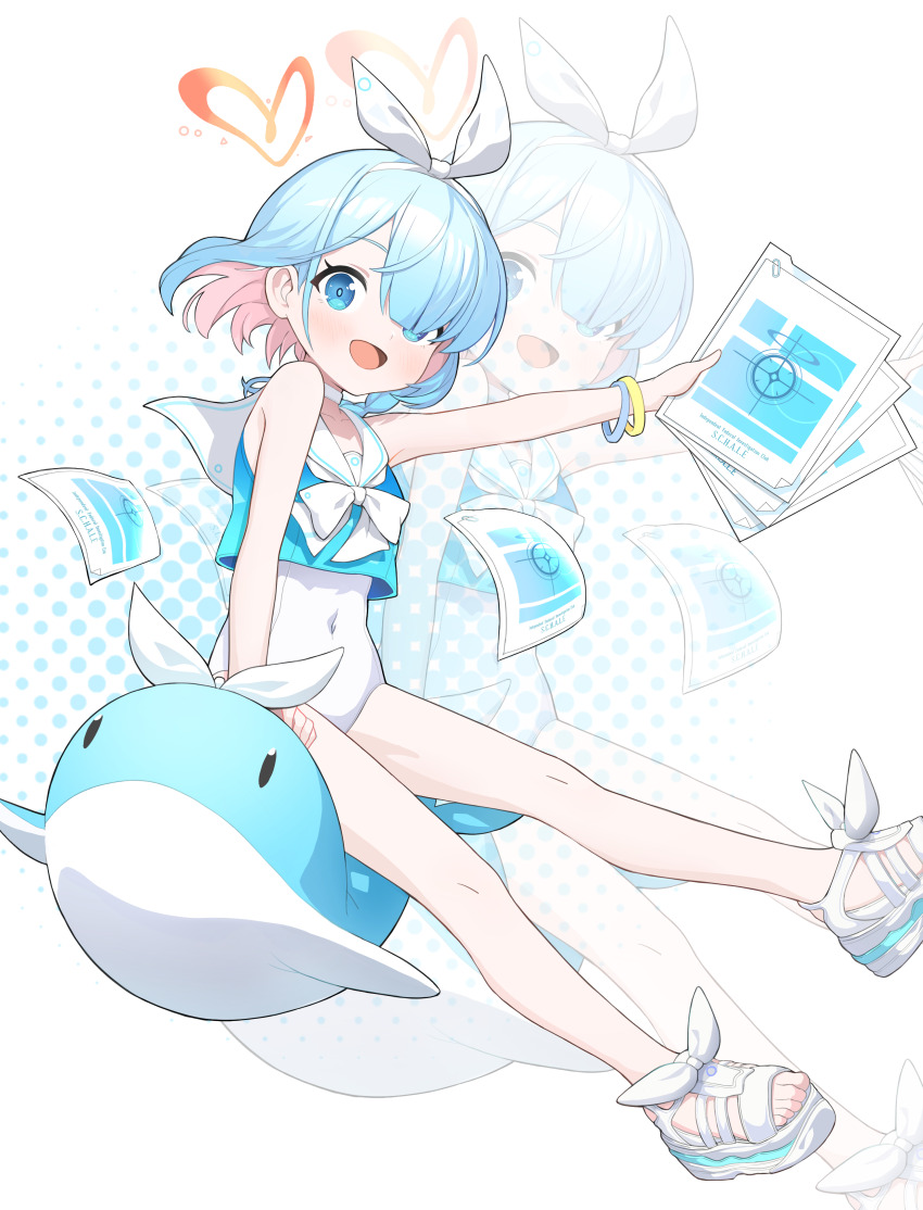 1girl :d absurdres arona_(blue_archive) arsene_(57109611) bare_shoulders blue_archive blue_eyes blue_hair blue_pupils blush bow bow_hairband bowtie braid choker colored_inner_hair commentary_request covered_navel dotted_background folder full_body hair_over_one_eye hairband halo heart heart_halo highres holding holding_folder looking_at_viewer multicolored_hair multiple_wristbands one-piece_swimsuit open_mouth pink_hair red_halo ribbon ribbon_shoes sailor_collar sailor_one-piece_swimsuit sandals shoes short_hair single_braid sitting smile solo stuffed_animal stuffed_toy stuffed_whale swimsuit white_background white_bow white_bowtie white_choker white_footwear white_hairband white_ribbon white_sailor_collar zoom_layer