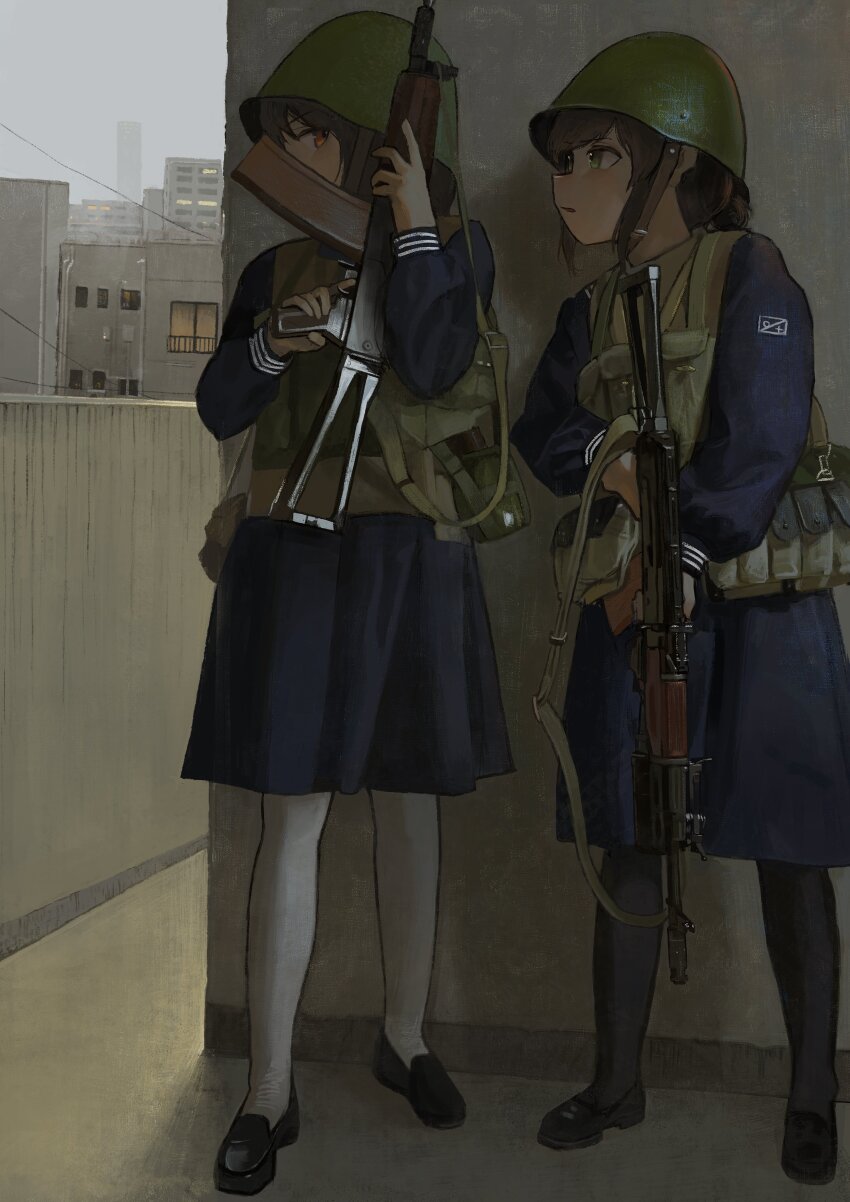 2girls absurdres ak-74 aks-74 aks-74u assault_rifle blue_shirt blue_skirt brown_hair chest_rig combat_helmet garoppui green_eyes green_headwear gun helmet highres kalashnikov_rifle long_skirt looking_at_another multiple_girls orange_eyes original rifle school_uniform shirt short_hair skirt taking_cover weapon