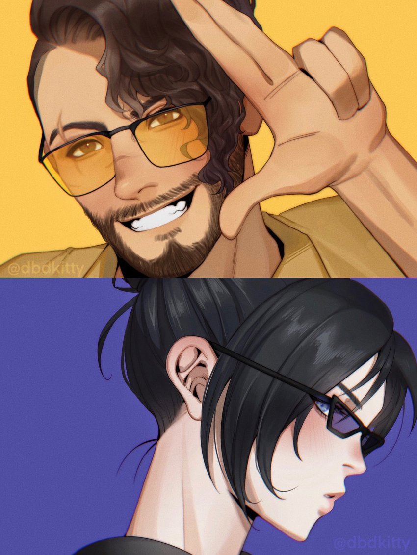 1boy 1girl apex_legends black_hair blue_eyes blush brown_hair dark-skinned_male dark_skin facial_hair finger_gun from_side goatee hair_behind_ear hair_bun highres kitty_keihara looking_at_viewer mirage_(apex_legends) parted_bangs scar scar_across_eye scar_on_face scar_on_nose smile sunglasses wraith_(apex_legends)