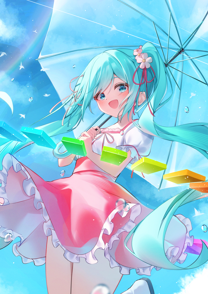 1girl :d absurdres aqua_hair aqua_nails bird blue_eyes blue_sky blush boots cloud commentary cowboy_shot day flower frilled_shirt frilled_skirt frills from_below hair_flower hair_ornament hair_ribbon hatsune_miku high-waist_skirt highres holding holding_umbrella long_hair looking_at_viewer melt_(vocaloid) open_mouth outdoors piano_keys pink_skirt puffy_short_sleeves puffy_sleeves rainbow red_ribbon ribbon ryaru_ryaru shirt short_sleeves skirt sky smile solo standing standing_on_one_leg transparent transparent_umbrella twintails umbrella very_long_hair vocaloid water_drop white_boots white_flower white_shirt