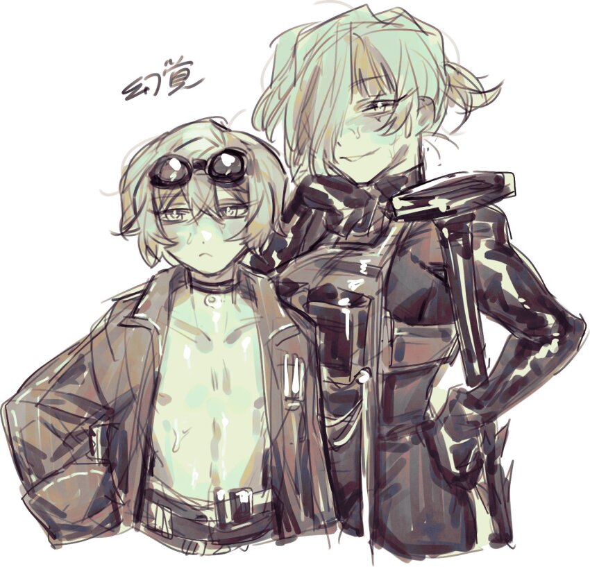 1boy 1girl alternate_costume bare_shoulders black_choker black_wetsuit blonde_hair choker closed_mouth collarbone cowboy_shot goggles goggles_on_head hair_over_one_eye height_difference highres jacket kromer_(project_moon) limbus_company looking_at_viewer molar_boatworks_(identity)_(project_moon) multicolored_hair muted_color nail_(hardware) open_clothes project_moon short_hair simple_background sinclair_(project_moon) smile streaked_hair white_background ymst_prmn