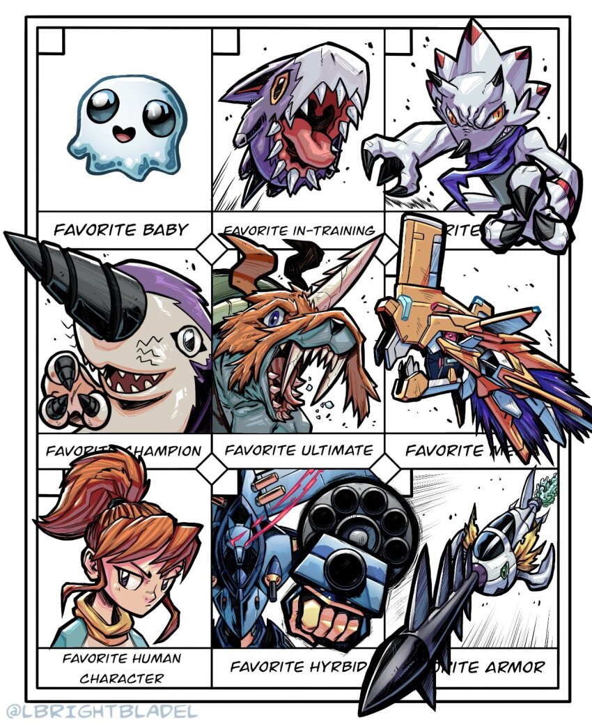 digimon digimon_(creature) dorumon dragon drill drimogemon gammamon gigaseadramon harpoon highres horns magnagarurumon makino_ruki poyomon red_eyes scarf sharp_teeth submarimon teeth zudomon