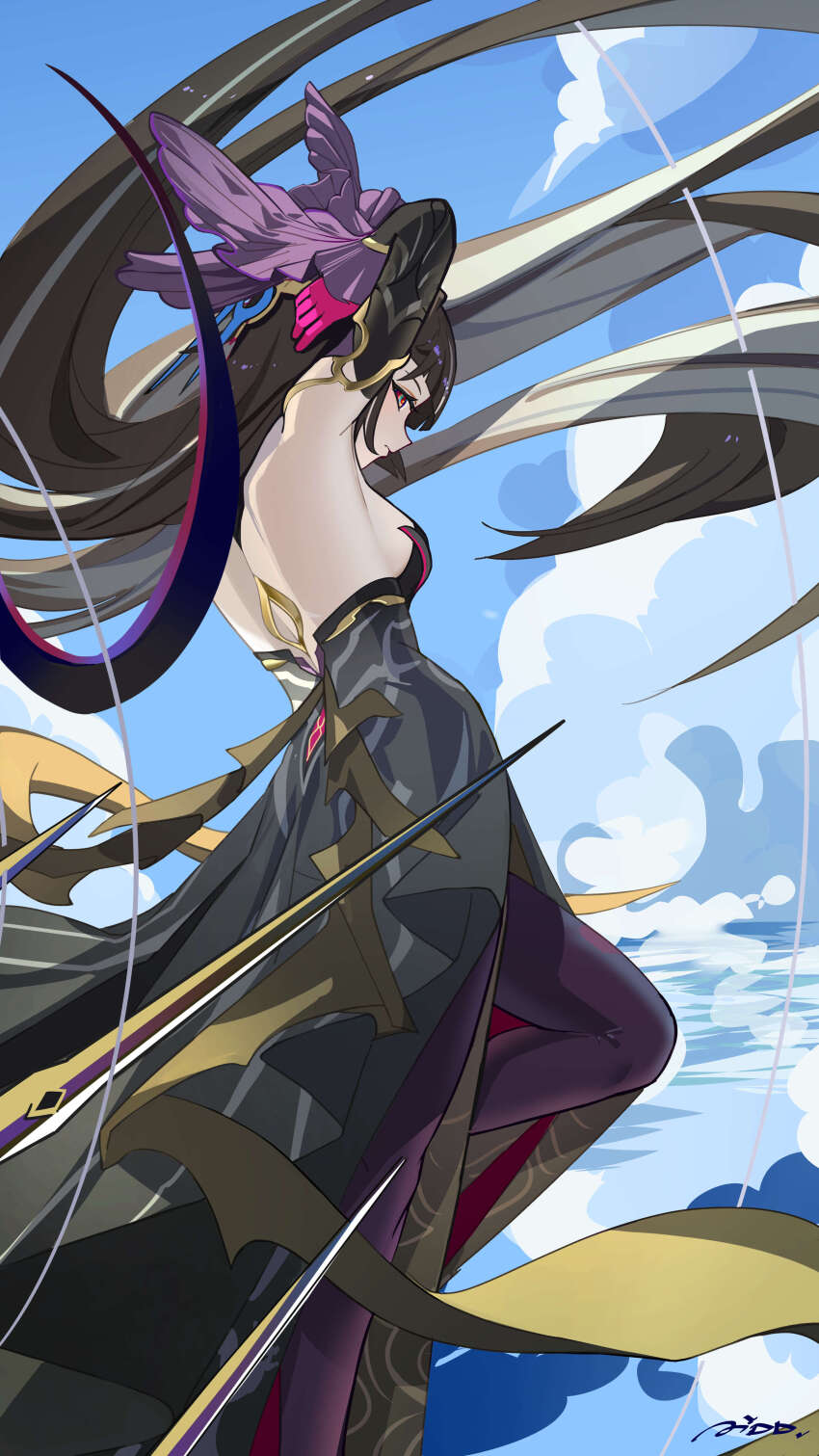 1girl absurdly_long_hair absurdres ai_dongdong arm_behind_head backless_dress backless_outfit bare_back black_dress black_hair blue_sky breasts closed_mouth cloud detached_sleeves dress facing_to_the_side floating_hair gloves highres honkai_(series) honkai_impact_3rd leylah_(honkai_impact) long_hair long_sleeves looking_down outdoors pantyhose pink_gloves purple_pantyhose sideboob signature sky solo standing standing_on_one_leg very_long_hair