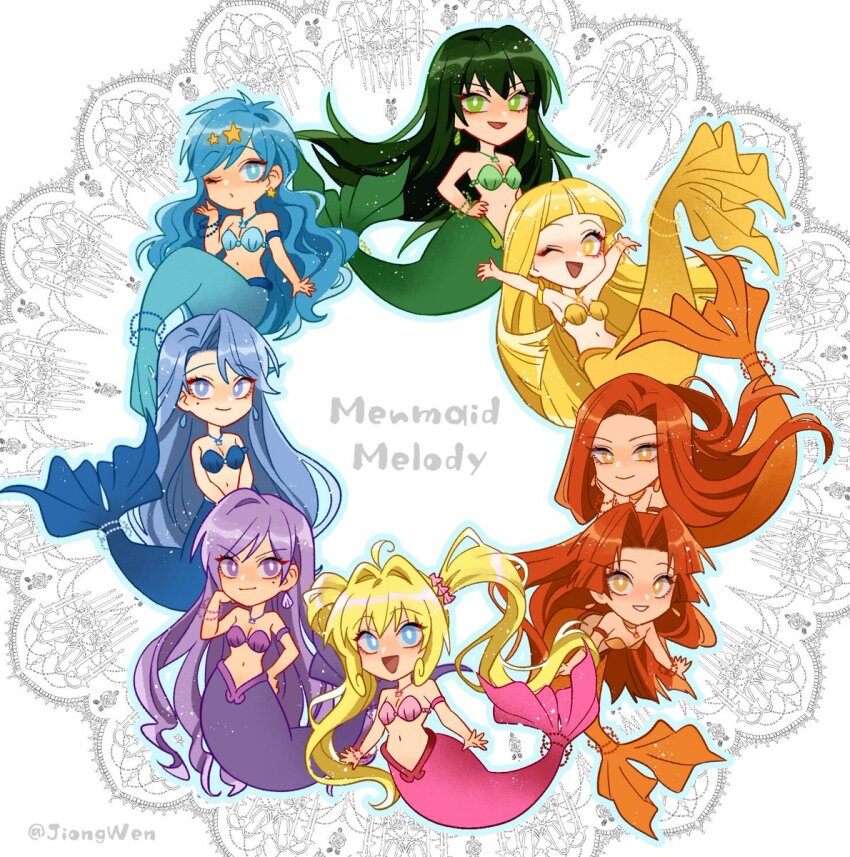 6+girls blonde_hair blowing_kiss blue_eyes blue_hair bra breasts caren_(mermaid_melody_pichi_pichi_pitch) chibi chibi_only cleavage coco_(mermaid_melody_pichi_pichi_pitch) earrings green_bra green_eyes green_hair hair_ornament highres houshou_hanon jewelry jiong_wen long_hair mermaid mermaid_melody_pichi_pichi_pitch mole mole_under_eye monster_girl multiple_girls nanami_lucia navel necklace noel_(mermaid_melody_pichi_pichi_pitch) one_eye_closed open_mouth orange_eyes orange_hair pink_bra purple_bra purple_eyes purple_hair sara_(mermaid_melody_pichi_pichi_pitch) seira_(mermaid_melody_pichi_pichi_pitch) shell shell_earrings shell_necklace smile star_(symbol) star_hair_ornament tail touin_rina underwear white_background yellow_bra yellow_eyes