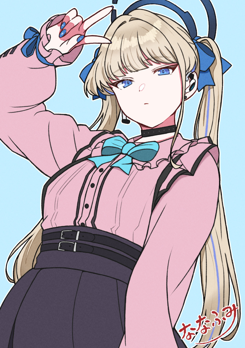 1girl absurdres blonde_hair blue_archive blue_background blue_eyes blue_halo blue_nails blue_ribbon blue_streaks earrings fuminomino hair_ribbon halo highres jewelry jirai_kei long_hair long_sleeves looking_at_viewer multicolored_hair pink_shirt ribbon shirt solo streaked_hair stud_earrings toki_(blue_archive) twintails very_long_hair