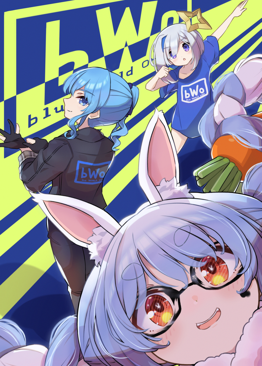 3girls absurdres amane_kanata animal_ear_fluff animal_ears blue_eyes blue_hair blue_world_order blush carrot_hair_ornament ecw english_text female_focus food-themed_hair_ornament glasses gloves gorirasaru440 hair_ornament highres hololive hoshimachi_suisei matching_hair/eyes multiple_girls new_world_order_(wrestling) open_mouth orange_eyes parody putting_on_gloves rabbit-shaped_pupils rabbit_ears smile symbol-shaped_pupils trait_connection usada_pekora virtual_youtuber wwe