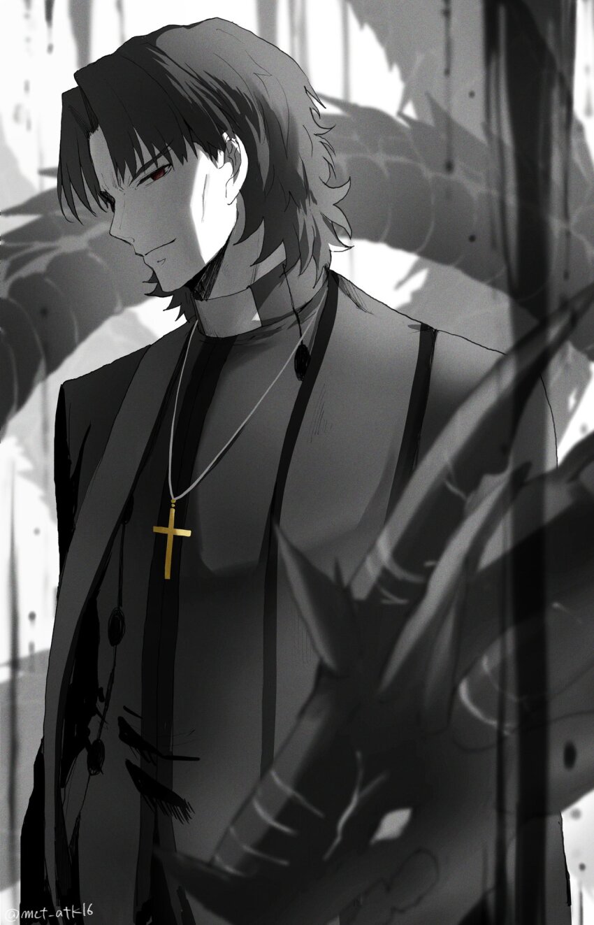 1boy brown_hair cassock clerical_collar cross cross_necklace fate/grand_order fate_(series) highres jewelry kotomine_kirei looking_at_viewer male_focus mct monochrome necklace noble_phantasm_(fate) parted_bangs priest profile grigori_rasputin_(fate) red_eyes short_hair signature smile stole upper_body