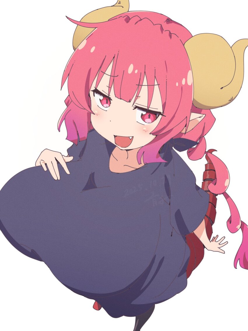 1girl black_shirt bluearcadegames breasts curled_horns dragon_girl dragon_horns dragon_tail drill_hair fang from_above gigantic_breasts hand_on_own_chest horns ilulu_(maidragon) kobayashi-san_chi_no_maidragon long_hiar no_bra open_mouth pointy_ears red_eyes red_hair shirt shortstack slit_pupils smile smug solo standing t-shirt tail twin_drills white_background