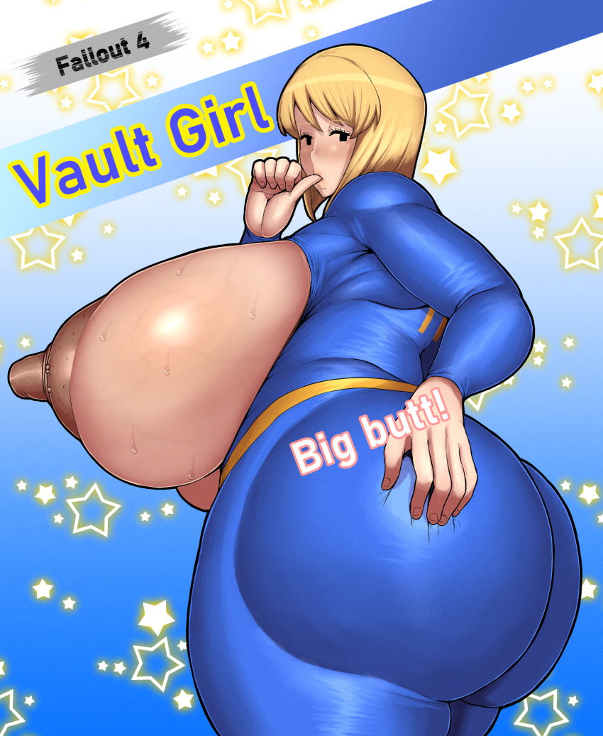 1girl ass blonde_hair breasts fallout fallout_4 female_focus highres mob_face nipples solid_oval_eyes text_focus vault_girl ponkotsu_(robolobo4956)