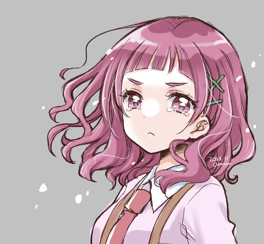 breasts closed_mouth grey_background highres hugtto!_precure looking_at_viewer medium_hair necktie nono_hana okayashi pink_eyes pink_hair pink_necktie pink_shirt precure shirt simple_background small_breasts tearing_up thick_eyelashes upper_body wavy_hair wind x