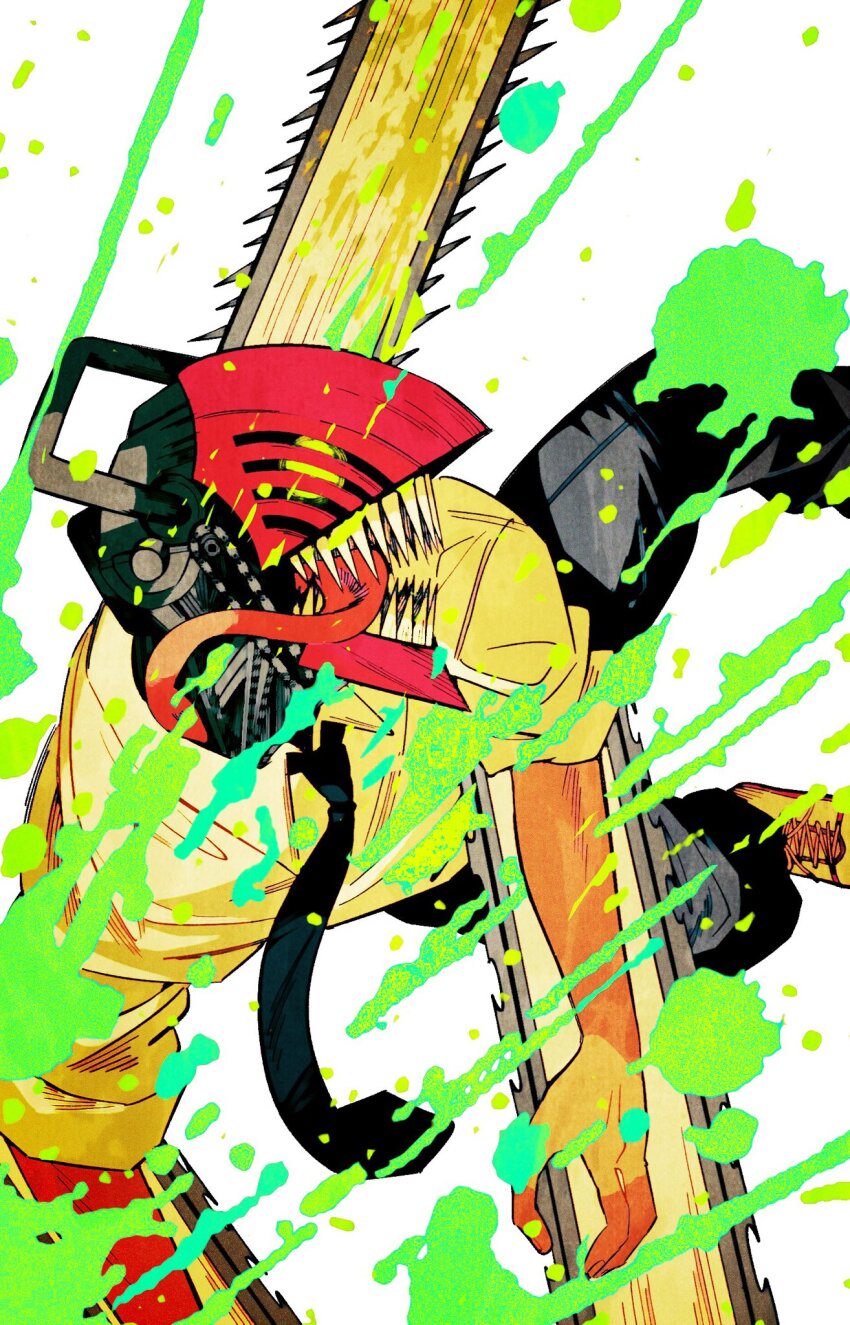 1boy black_necktie black_pants chainsaw chainsaw_man collared_shirt denji_(chainsaw_man) highres llq9ull long_tongue male_focus necktie pants sharp_teeth shirt solo teeth tongue tongue_out white_shirt
