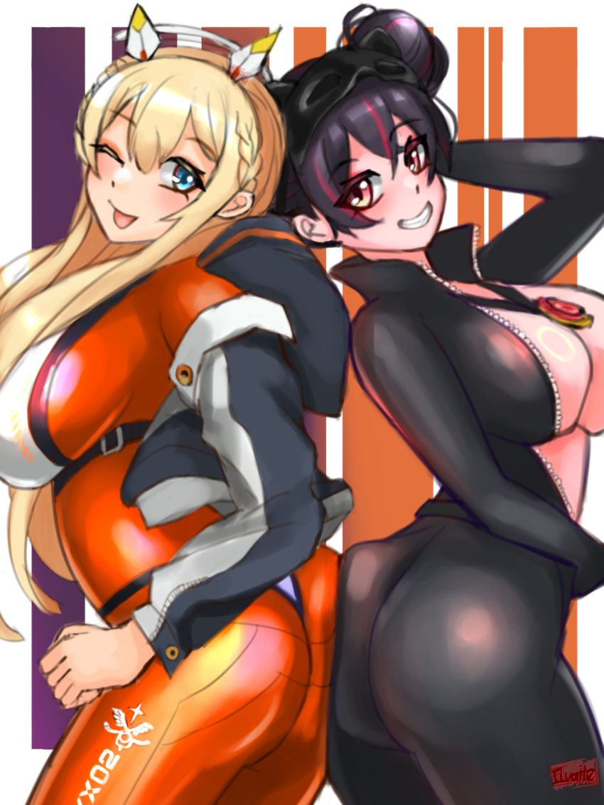 2girls artist_request ass ass-to-ass ass_press black_hair blonde_hair blue_eyes blush bodysuit breasts come_hither double_bun from_behind gloves goddess_of_victory:_nikke grin hair_bun half_updo huge_ass large_breasts long_hair looking_at_viewer multiple_girls naughty_face one_eye_closed quency_(nikke) red_eyes short_hair sideboob skin_tight smile tongue tongue_out tove_(nikke) very_long_hair