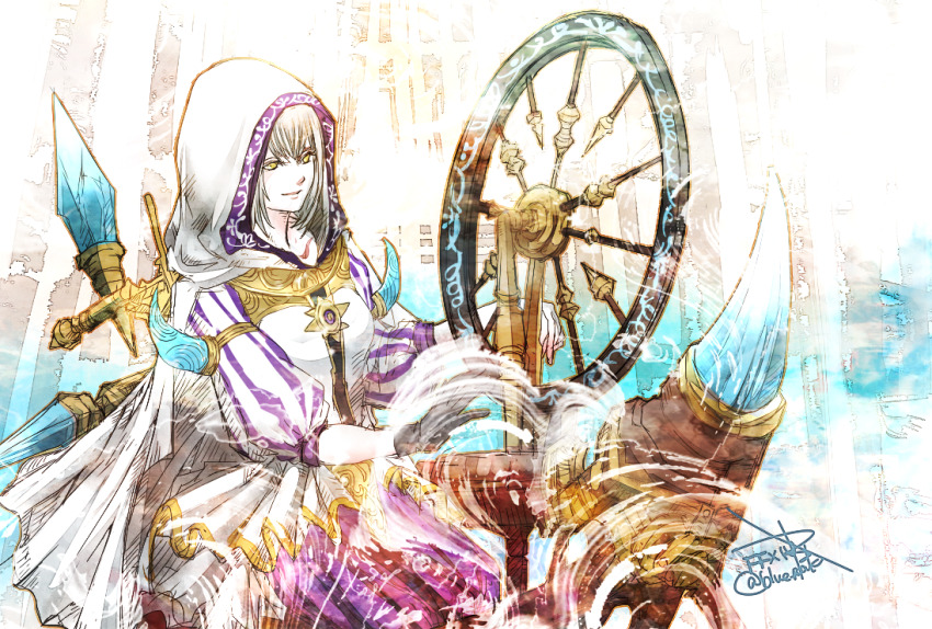 1girl black_gloves cowboy_shot crystal final_fantasy final_fantasy_xiv gloves hood hood_up looking_at_object nymeia ruka_(blueplus84) short_hair signature smile solo spinning_wheel striped_sleeves twitter_username white_hair yellow_eyes