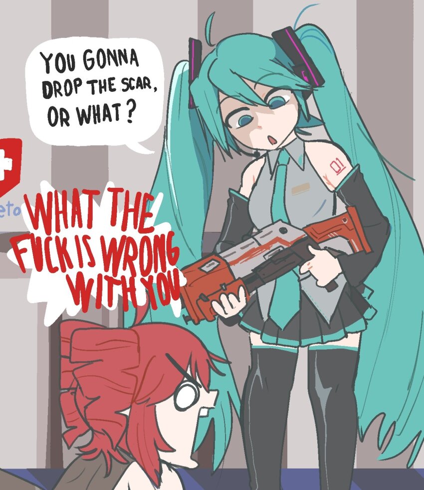 2girls ahoge aqua_hair aqua_necktie arm_tattoo black_footwear black_skirt boots commentary detached_sleeves drill_hair empty_eyes english_commentary english_text fortnite grey_shirt hatsune_miku headphones headset highres holding holding_weapon indoors kasane_teto kasane_teto_(utau) long_hair looking_at_another multiple_girls necktie o_o parody piroeoe pleated_skirt profanity red_hair shirt skirt speech_bubble tattoo thigh_boots triangle_mouth twin_drills twintails v-shaped_eyebrows very_long_hair vocaloid weapon
