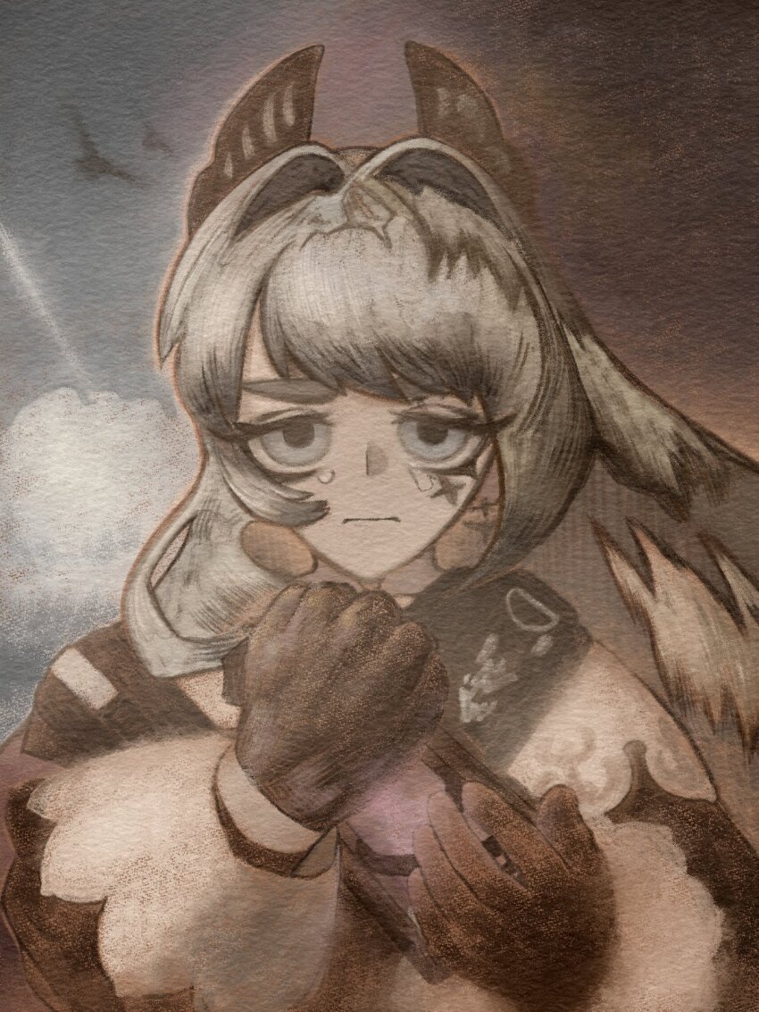 1girl arknights black_gloves commentary english_commentary gloves grey_eyes grey_hair hair_intakes head_wings highres holding holding_lantern irene_(arknights) lantern long_hair scar scar_across_eye scar_on_face solo tearing_up thiccborb wings