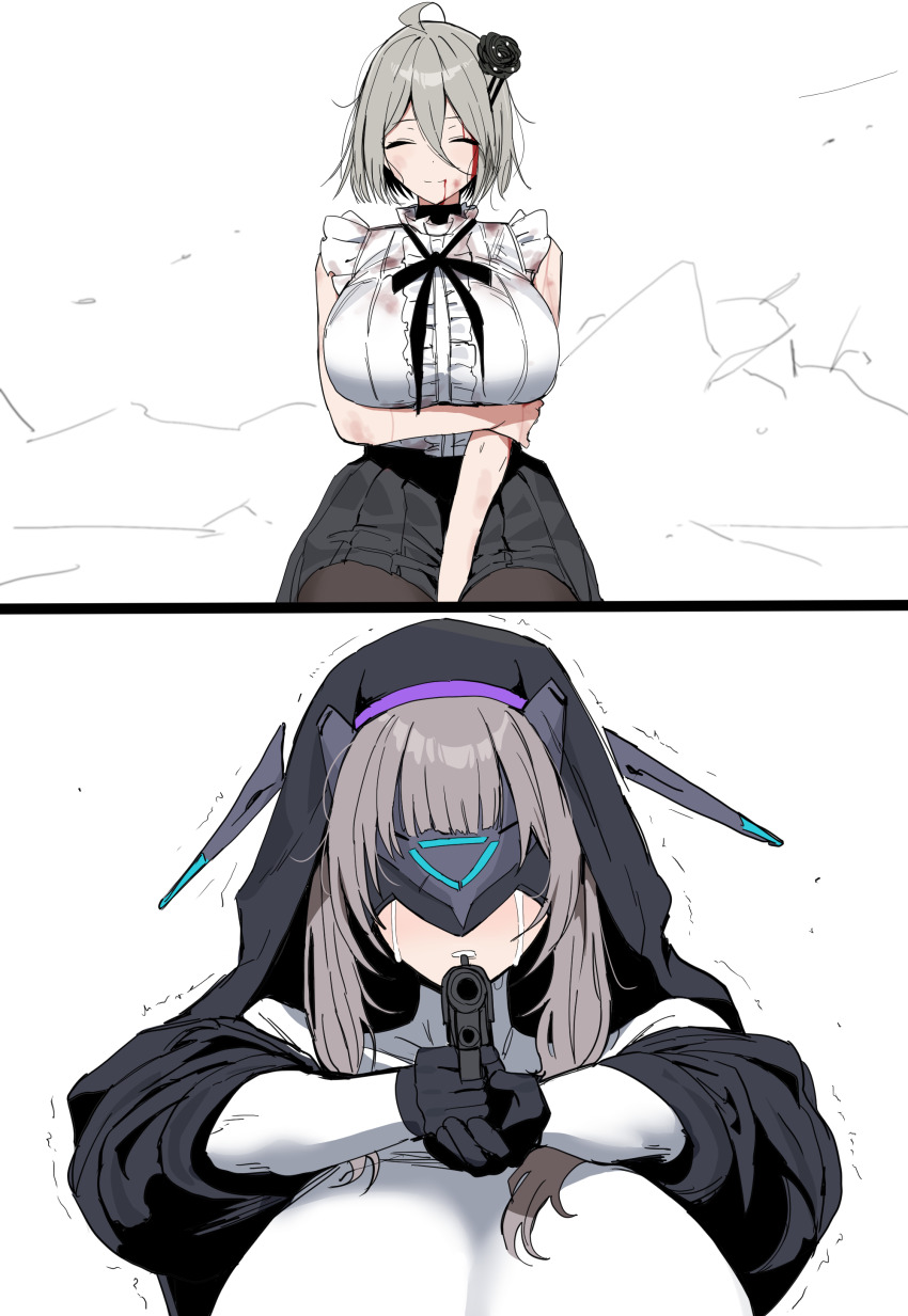 2girls ^_^ absurdres black_gloves black_skirt blood blood_on_face breasts brown_hair captain_(chaos_zero_nightmare) chaos_zero_nightmare closed_eyes closed_mouth commentary_request crying eye_mask female_captain_(chaos_zero_nightmare) gloves gun handgun highres holding holding_gun holding_weapon hood huge_breasts injury mask multiple_girls renoa_(chaos_zero_nightmare) shirt simple_background skirt sleeveless sleeveless_shirt smile tears trembling weapon white_background white_shirt xipa