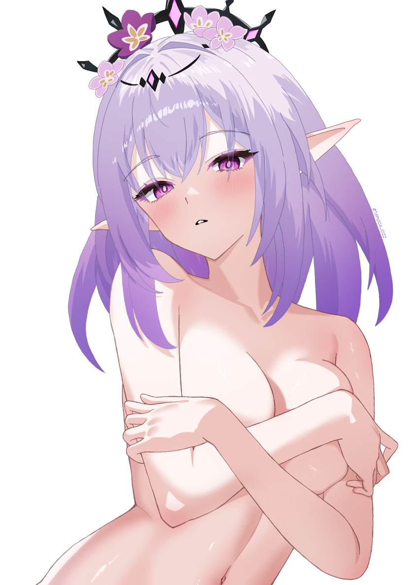 1girl absurdres black_tiara breasts castorice_(honkai:_star_rail) commentary_request completely_nude covering_breasts covering_privates flower hair_flower hair_ornament highres honkai:_star_rail honkai_(series) large_breasts medium_hair navel nude parted_lips pointy_ears purple_eyes purple_hair simple_background solo tapioca_1022 tiara white_background