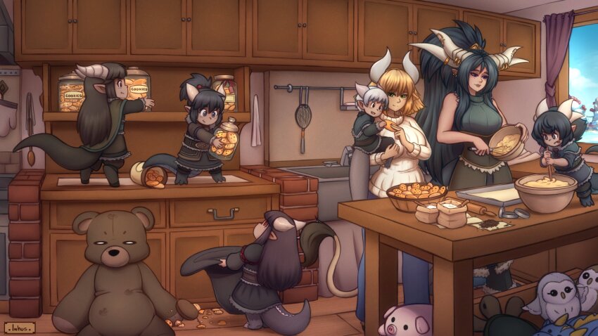 6+girls absurdres artist_name baking baking_sheet batter black_dress black_hair blonde_hair blue_pants blue_sky brown_hair cabinet capelet carrying carrying_person child chocolate_chip_cookie commentary commission cookie cookie_jar cow_girl cow_horns cow_tail curtains day dragon_girl dragon_horns dragon_tail dress earrings food gold_earrings green_capelet green_dress green_hair green_shirt hat highres holding holding_cookie holding_food holding_jar holding_unworn_clothes holding_unworn_hat holding_whisk horn_ornament horn_ring horns implied_yuri inhus jar jewelry kitchen long_hair long_sidelocks looking_at_another medium_hair mixing mixing_bowl mother_and_daughter multiple_girls multiple_horns on_counter original oven_mitts pants pointy_ears ponytail rolling_pin shirt short_hair sidelocks sink sky standing stuffed_animal stuffed_dragon stuffed_owl stuffed_pig stuffed_toy stuffed_turtle sweater table tail teddy_bear unworn_hat unworn_headwear very_long_hair whisk white_hair white_sweater window witch_hat wooden_floor