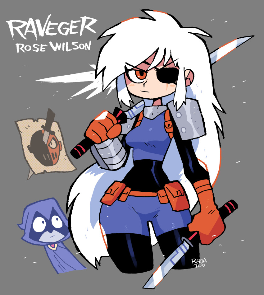 1girl 2girls absurdres armor breasts cape cloak colored_skin dc_comics dual_wielding eyepatch forehead_jewel gloves grey_skin highres holding holding_sword holding_weapon katana knife long_hair looking_at_viewer medium_breasts multiple_girls orange_eyes poster_(object) purple_cloak rariatto_(ganguri) ravager raven_(dc) rose_wilson slade_wilson solo_focus sword teen_titans teen_titans_go! weapon white_hair