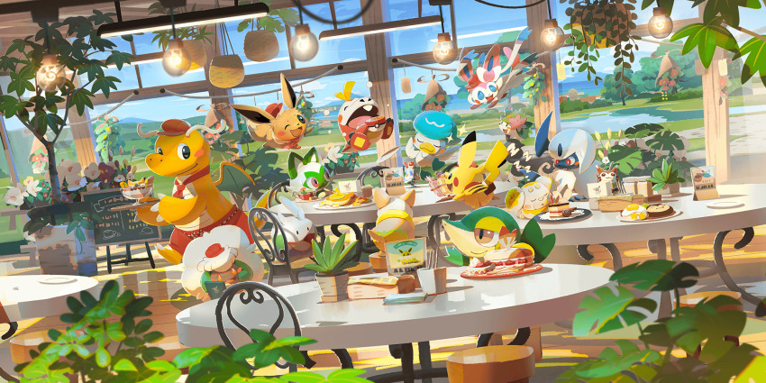 :3 :d :o absol apron artist_request ascot blush blush_stickers ceiling_light chair chalkboard character-themed_food closed_eyes closed_mouth clothed_pokemon commentary dragonite eevee english_commentary fidough food fuecoco furret gen_1_pokemon gen_2_pokemon gen_3_pokemon gen_5_pokemon gen_6_pokemon gen_8_pokemon goomy half-closed_eyes hanging_plant hat highres indoors nintendo no_humans official_art on_stool one_eye_closed open_mouth pink_eyes plant pokemon pokemon_(creature) pokemon_cafe_remix pokemon_focus potted_plant quaxly red_apron red_ascot red_eyes red_hat sleeping smile snivy sparkle sprigatito starter_pokemon_trio stool sylveon table third-party_source tooth whimsicott yamper zzz