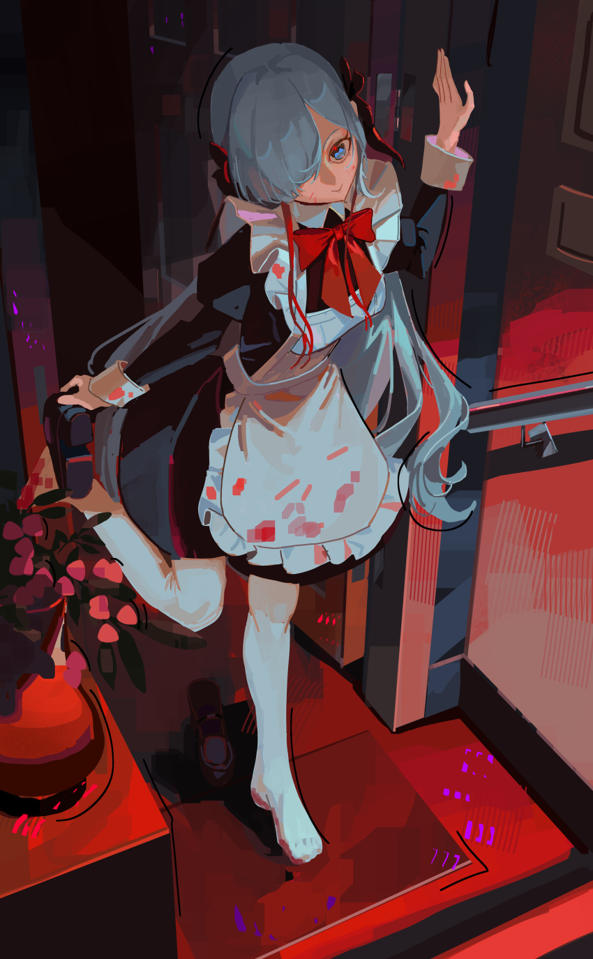1girl :&gt; absurdres alternate_costume apron blood blood_on_clothes blue_eyes bow breasts commentary door enmaided flower_ornament flower_pot frilled_apron frills hair_ornament hair_over_one_eye head_tilt highres iinagi_(kashiwa_keira) isekaijoucho juliet_sleeves kamitsubaki_studio loafers long_hair long_sleeves maid maid_apron multicolored_hair no_shoes pantyhose puffy_sleeves red_bow shoes sidelocks small_breasts white_apron white_pantyhose