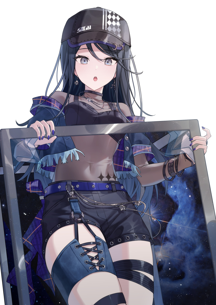 1girl absurdres baseball_cap belt bikini bikini_top_only black_bikini black_choker black_hair black_shorts blue_jacket bodysuit breasts brown_bodysuit choker commentary covered_navel cowboy_shot cropped_jacket earrings fringe_trim grey_eyes hat highres holding holding_picture_frame hoshino_ichika_(project_sekai) jacket jewelry long_hair looking_at_viewer medium_breasts necklace off_shoulder open_clothes open_jacket open_mouth picture_frame project_sekai short_shorts short_sleeves shorts simple_background solo swimsuit thigh_strap thighs timmoo white_background