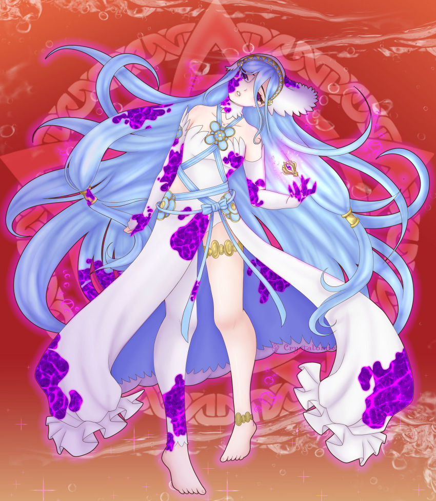 1girl alternate_eye_color amulet anklet aqua_hair aura azura azura_(fire_emblem) bare_legs bare_shoulders barefoot blue_hair corruption crystalomic dark_persona dress feet fire_emblem fire_emblem_fates fire_emblem_heroes fire_emblem_if highres intelligent_systems jewelry leaning_to_the_side long_hair long_sleeves looking_at_viewer nintendo open_mouth purple_eyes red_background thigh_strap toes white_dress