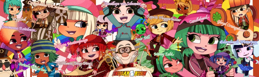 6+boys 6+girls adorabeezle_winterpop badge black_hair blonde_hair blue_eyes blue_hair brown_eyes candle candlehead candy car crown crumbelina_di_caramello disney duncan food gloyd_orangeboar goggles green_eyes green_hair grey_hair highres hood hoodie jubileena_bing-bing king_candy lollipop long_image minty_zaki motor_vehicle multicolored_hair multiple_boys multiple_girls pie police police_uniform policeman purple_eyes race_vehicle racecar rainbow_hair rancis_fluggerbutter red_hair snowanna_rainbeau sour_bill sugar_rush_(sugarsafaia) sunglasses swizzle_malarkey taffyta_muttonfudge vanellope_von_schweetz wide_image wreck-it_ralph wynchel