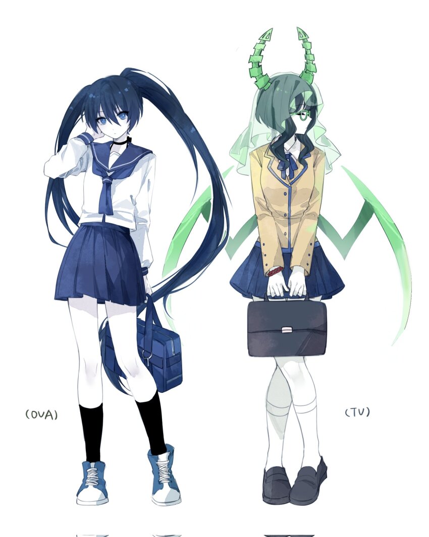 2girls alternate_costume bag black_choker black_hair black_neckerchief black_rock_shooter black_rock_shooter_(character) black_sailor_collar black_skirt blue_eyes brown_jacket choker dead_master demon_horns demon_wings glasses green-framed_eyewear green_horns green_wings highres holding holding_bag horns jacket long_hair long_sleeves multiple_girls neckerchief pale_skin pleated_skirt sailor_collar school_uniform serafuku shadow71580825 shirt skirt twintails uneven_twintails very_long_hair white_background white_shirt wings