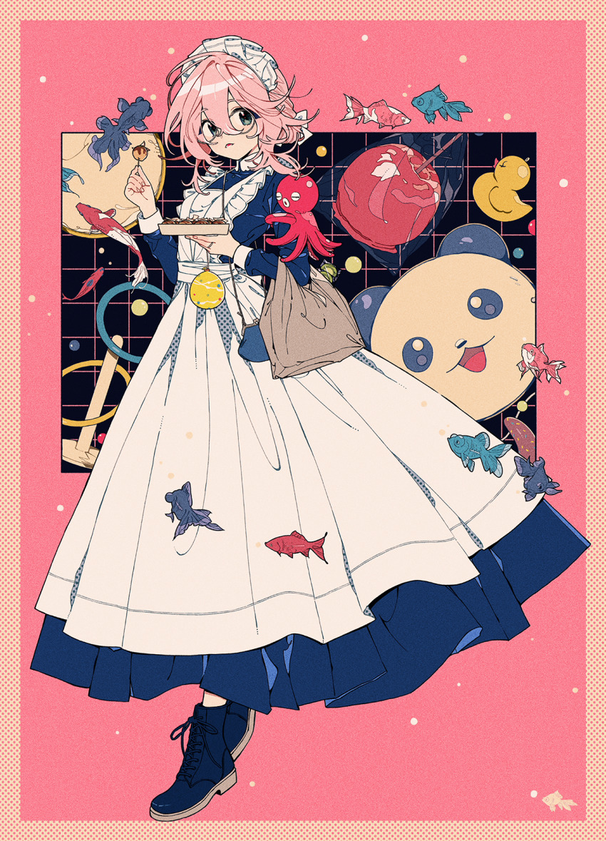 1girl blue_boots boots fish food full_body glasses green_eyes grey-framed_eyewear highres holding holding_food keishin long_sleeves looking_at_viewer maid maid_headdress original parted_lips pink_hair round_eyewear short_hair solo takoyaki