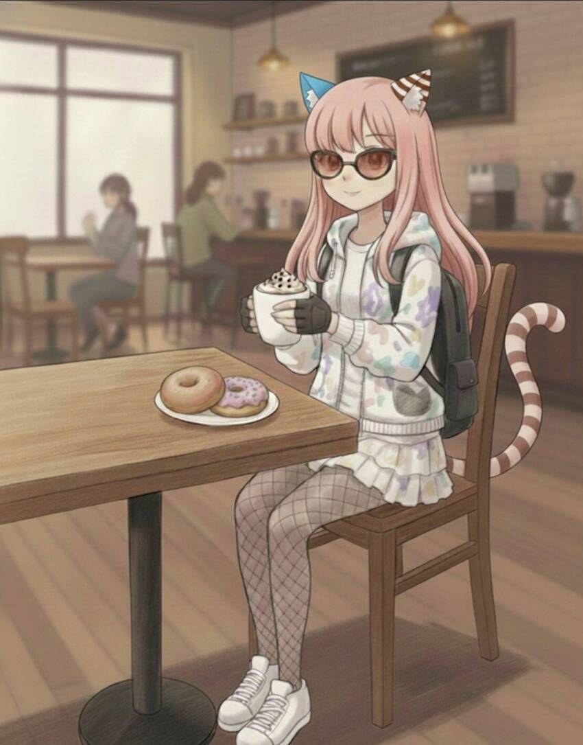 akemithekitten animal_ears bagel cafe cat_ears cat_girl cat_tail chloeakemi donut fishnets food hot_chocolate hoto_cocoa indoors sitting sunglasses table tail