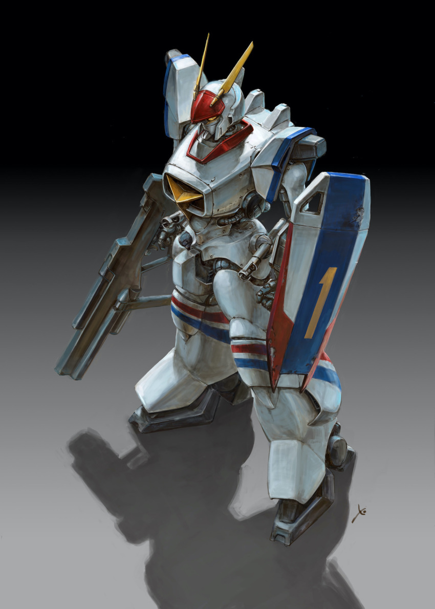 arm_shield beam_rifle commentary_request d-1 energy_gun gradient_background gun highres holding holding_gun holding_weapon kikou_senki_dragonar mecha mecha_focus no_humans robot science_fiction shadow solo standing trigger_discipline weapon yellow_eyes youkoumori
