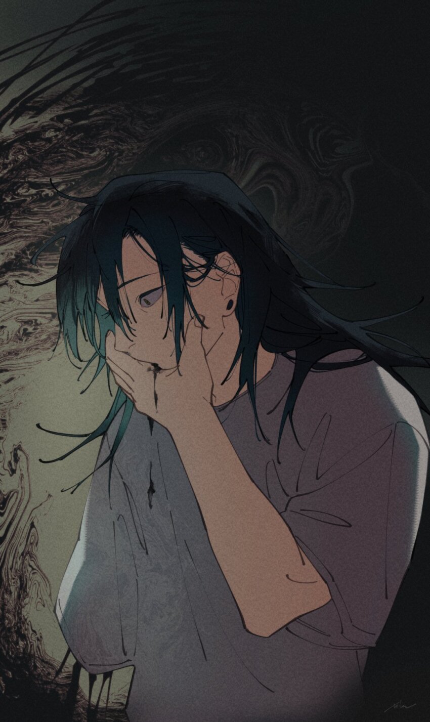 1boy abstract_background black_eyes black_hair black_liquid covering_own_mouth earrings getou_suguru grey_shirt hand_over_own_mouth highres jewelry jujutsu_kaisen long_hair male_focus mim_(mimya0600) severed_arm severed_limb shirt solo swirling t-shirt