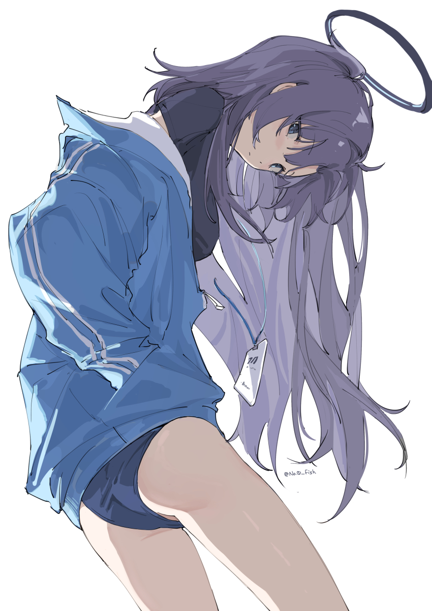 1girl absurdres bare_legs bent_over black_shirt blue_archive blue_buruma blue_jacket blush buruma closed_mouth commentary from_side hair_between_eyes hands_in_pockets highres id_card jacket long_hair looking_at_viewer no.0_fish purple_eyes purple_hair shirt sidelocks yuuka_(blue_archive) yuuka_(track)_(blue_archive)