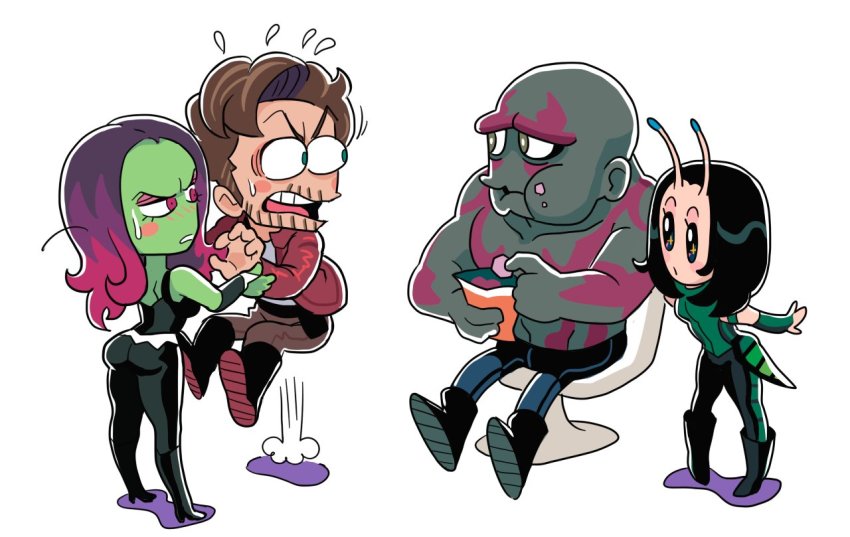 2boys 2girls alien antennae ass bald black_hair blush boots brown_hair caught chair colored_skin drax_the_destroyer eating food food_on_face gamora gashi-gashi green_skin grey_skin guardians_of_the_galaxy half-closed_eyes jacket mantis_(marvel) marvel marvel_cinematic_universe multiple_boys multiple_girls pants peter_quill purple_hair simple_background sitting sparkling_eyes surprised sweatdrop tank_top tattoo topless_female topless_male white_background wide-eyed