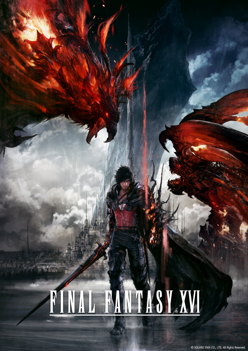 black_hair cape castle clive_rosfield cloud cloudy_sky copyright_name copyright_notice final_fantasy final_fantasy_xvi glowing glowing_eyes glowing_hand highres horns ifrit_(final_fantasy) looking_at_viewer official_art phoenix_(final_fantasy) sky square_enix standing sword takahashi_kazuya weapon