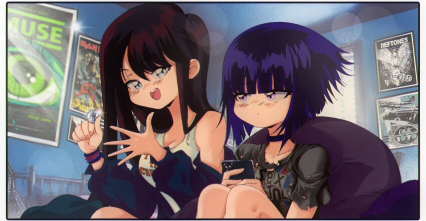 2girls bad_id bad_twitter_id black_border black_choker black_hair black_jacket black_shirt blue_eyes blush border breasts choker cleavage coin death_from_above_1979 deftones_(band) grs- hailey_(grs-) highres holding holding_phone indoors iron_maiden_(band) jacket lens_flare long_hair long_sleeves medium_breasts multiple_girls muse_(band) off_shoulder open_mouth original phone poster_(object) print_shirt purple_eyes sex_pistols shirt short_hair short_sleeves sitting small_breasts smile talia_(grs-) tank_top tyler_the_creator upper_body white_tank_top