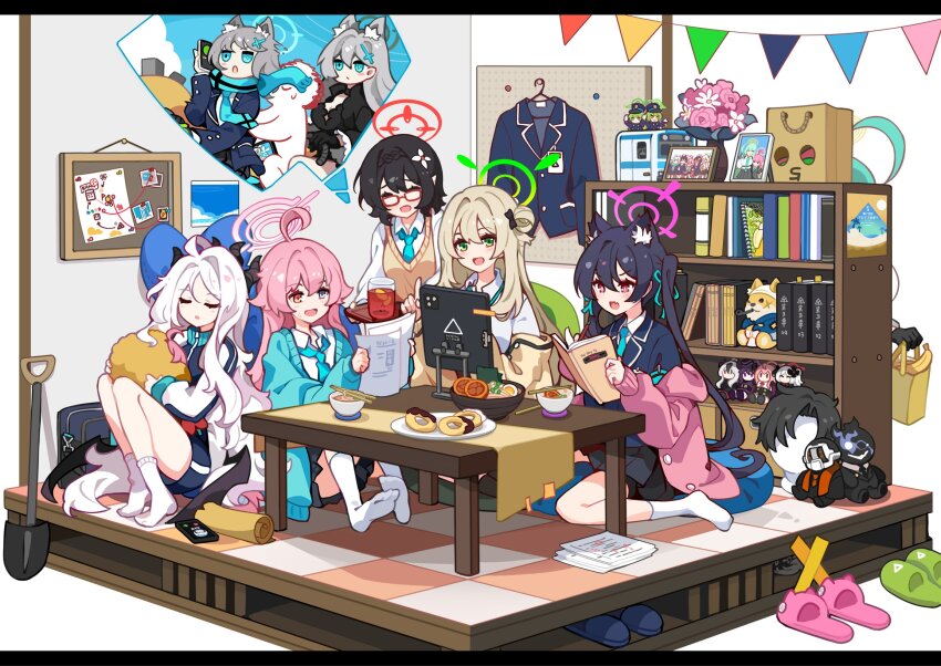 2boys 6+girls ahoge animal_ear_fluff animal_ears aqua_cardigan aqua_eyes aqua_halo aqua_necktie aqua_ribbon aru_(blue_archive) ayane_(blue_archive) bag banana black_bow black_coat black_hair black_hat black_skirt black_suit black_suit_(blue_archive) blonde_hair blue_archive blue_hair blue_shorts book bookshelf bow bowl braid cardigan cat_ears cellphone chopsticks closed_eyes closed_mouth coat commentary_request cross_hair_ornament cup dark_blue_hair demon_horns doodle_sensei_(blue_archive) donut fang flower flower_pot food formal_clothes friends fruit fumo_(doll) glasses green_eyes green_hair green_halo grey_hair grey_halo hair_between_eyes hair_bow hair_bun hair_flower hair_ornament hair_ribbon halo happy haruka_(blue_archive) hat heterochromia highres hikari_(blue_archive) hina_(blue_archive) holding holding_book horns hoshino_(blue_archive) ideolo jacket jitome juice kayoko_(blue_archive) long_hair long_sleeves multiple_boys multiple_girls mutsuki_(blue_archive) necktie nonomi_(blue_archive) nozomi_(blue_archive) open_cardigan open_clothes open_coat open_jacket open_mouth orange_eyes phone pink_hair pink_halo pink_jacket pointy_ears ponytail purple_halo red_eyes red_halo ribbon school_bag sensei_(blue_archive) serika_(blue_archive) shiroko_(blue_archive) shiroko_terror_(blue_archive) shirt short_hair shorts shovel sitting skirt sleeping slippers smile smoking_pipe socks soup stuffed_animal stuffed_dog stuffed_toy suit tablet_pc unworn_jacket unworn_wig v-shaped_eyebrows very_long_hair vest wariza white_hair white_shirt white_socks wig yellow_halo yellow_jacket yellow_vest yume_(blue_archive)