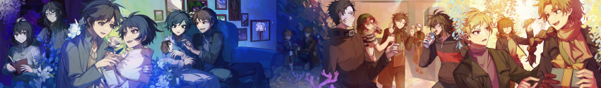 2girls 6+boys absurdres annie_(saibou_shinkyoku) antenna_hair atou_haruki baby black_capelet black_coat black_eyes black_hair black_jacket blonde_hair blue_eyes braid brown_hair brown_scarf capelet closed_eyes coat color_contrast dreyfus_zweig fengtian_(artist) flower gift green_shirt harada_kazaru harada_minoru highres holding holding_gift incredibly_absurdres isoi_haruki isoi_rai isoi_reiji jacket long_image long_sleeves male_focus medium_hair multiple_boys multiple_girls open_clothes open_coat open_jacket open_mouth parted_bangs purple_hair purple_sweater red_eyes red_hair ribbed_sweater rose saibou_shinkyoku scarf shirt short_hair short_sleeves side_braid single_braid smile sweater theodore_riddle turtleneck turtleneck_sweater white_capelet white_flower white_rose white_shirt wide_image yellow_shirt