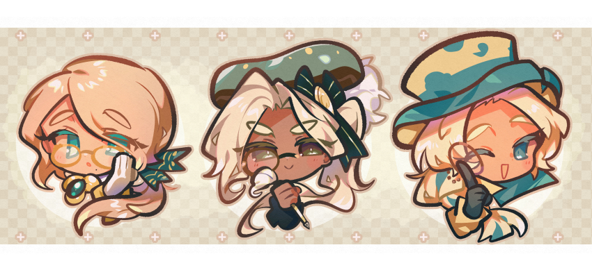 1other 2boys :d :o absurdres aqua_eyes aqua_hair aqua_hat asymmetrical_hair black_gloves blonde_hair blush braid bright_pupils brown_background brown_outline checkered_background chibi chibi_only closed_mouth colored_eyelashes cookie_run cookie_run:_kingdom cookie_run:_ovenbreak cropped_head dark-skinned_male dark_skin earl_grey_cookie eclair_cookie eyes_visible_through_hair glasses gloves green_brooch green_eyes green_hat green_ribbon hair_ribbon hand_on_own_cheek hand_on_own_face hat highres holding holding_quill in-franchise_crossover index_finger_raised long_hair long_sleeves looking_at_viewer low_ponytail monocle multicolored_hair multiple_boys no_sclera omoyu_(nakyu715) one_eye_closed open_mouth orange_hair outline ponytail quill ribbon roguefort_cookie round_eyewear side_ponytail simple_background smile streaked_hair top_hat trap two-tone_hair two-tone_hat v-shaped_eyebrows white_gloves white_pupils yellow-framed_eyewear yellow_hat