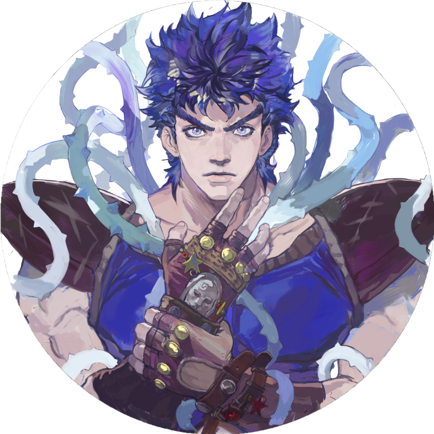 1boy absurdres blue_eyes blue_shirt brown_gloves chinese_commentary commentary_request fingerless_gloves gloves hand_up hermit_purple highres holding_own_wrist jojo_no_kimyou_na_bouken jonathan_joestar lantern_madoyoi looking_at_viewer male_focus muscular muscular_male phantom_blood plant round_image shirt short_hair shoulder_pads simple_background sleeveless sleeveless_shirt solo spiked_hair star_(symbol) stone_mask_(jojo) thorns upper_body vines white_background