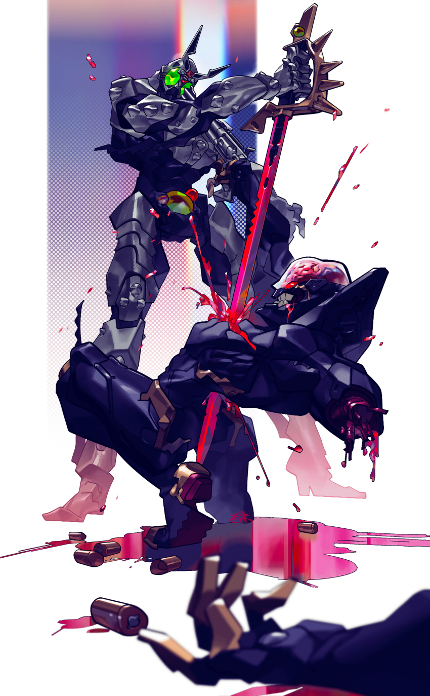 2boys absurdres antennae armor artificial_eye belt bleeding blood blood_splatter bloody_weapon boots brain colored_sclera company_connection compound_eyes cyborg destruction dismemberment gloves glowing glowing_eyes green_eyes gun gun_to_head guro hakaider handgun helmet highres holding holding_gun holding_sword holding_weapon impaled inaki_shinrou injury joints kamen_rider kamen_rider_black_(series) kamen_rider_black_rx_(series) kikaider_(series) kingstone looking_at_viewer male_focus mechanical_arms mechanical_hands mechanical_legs multiple_boys mutilation red_eyes red_sclera revolver rider_belt robot robot_joints satan_saber science_fiction severed_arm severed_limb shadow_charger shadow_moon silver_armor silver_bodysuit stab standing sword tokusatsu violence weapon