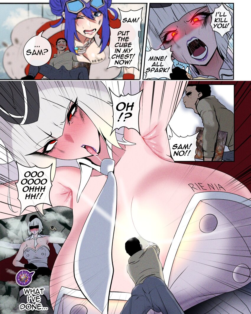 1boy 2girls ahegao allspark armpits ass blue_eyes blue_hair blunt_bangs blush breasts bulge cleavage commentary detached_collar dirty dirty_face english_commentary erection erection_under_clothes giant giantess goggles goggles_on_head hat highres holding hood hoodie huge_breasts impregnation kmvt kotobukiya_bishoujo megatron megatron_(kotobukiya_bishoujo) mini_hat miniskirt multiple_girls neckerchief optimus_prime optimus_prime_(kotobukiya_bishoujo) parody red_eyes sam_witwicky shaded_face signature skirt smoke strapless transformers transformers_(2007_film) transformers_(live_action) tube_top white_hair white_neckerchief