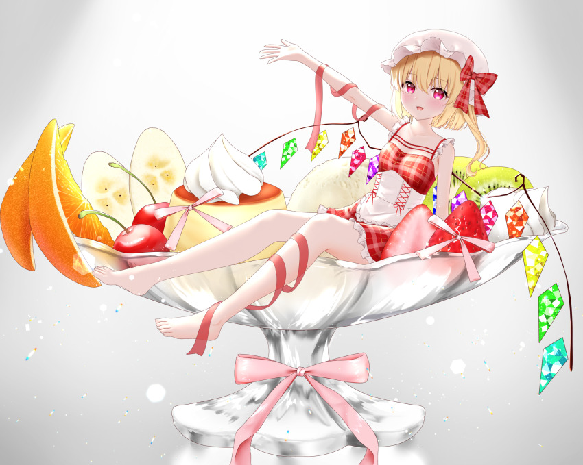1girl :d alternate_costume arm_behind_back arm_up bare_legs bare_shoulders barefoot blonde_hair blush bow breasts cherry commentary_request crystal_wings dress flandre_scarlet food fruit full_body hair_between_eyes hat hat_bow highres leg_ribbon medium_hair nyanyanoruru open_mouth outstretched_arm oversized_food oversized_object pink_eyes plaid_clothes plaid_dress pudding red_bow red_dress red_eyes red_ribbon ribbon side_ponytail sitting small_breasts smile solo strawberry touhou wings