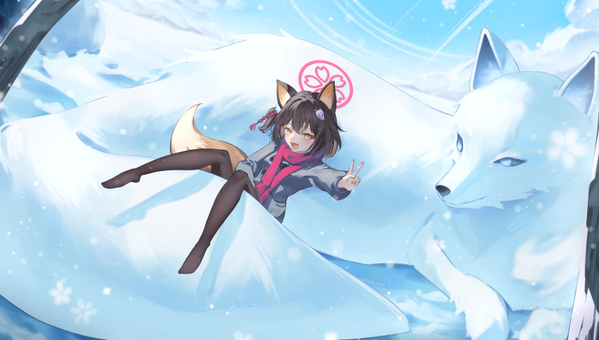 absurdres alternate_costume animal_ear_fluff animal_ears black_pantyhose blue_archive brown_hair fang fox fox_ears fox_girl fox_tail grey_jacket hair_between_eyes hair_ornament highres izuna_(blue_archive) jacket long_hair miku_rasha no_shoes open_mouth pantyhose pink_scarf pom_pom_(clothes) pom_pom_hair_ornament scarf sidelocks tail v yellow_eyes