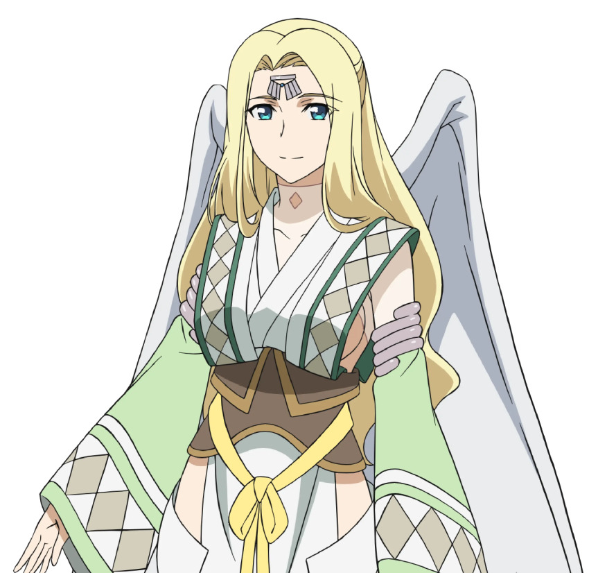 1girl absurdres ainu_clothes angel_wings aquaplus blonde_hair blue_eyes breasts cleavage closed_mouth collarbone cowboy_shot dress hair_over_shoulder highres hip_vent large_breasts oversized_wings long_hair long_sleeves looking_at_viewer nakata_masahiko official_art sideboob sidelocks smile solo thighs transparent_background ulthury utawarerumono utawarerumono:_futari_no_hakuoro very_long_hair wavy_hair white_fox_(company) wide_sleeves wings