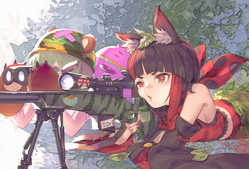 2girls nanashi_inc. aiming animal_ear_fluff animal_ears animare bare_shoulders bear_ears bear_paws binoculars black_hair blunt_bangs breasts detached_sleeves gigapuri green_eyes green_hair gun hat highres hinokuma_ran holding inari_kuromu kuromu_channel leaf leaf_on_head lying medium_breasts multicolored_hair multiple_girls on_stomach parted_lips plant red_eyes red_hair rifle scope short_hair sniper_rifle streaked_hair virtual_youtuber weapon
