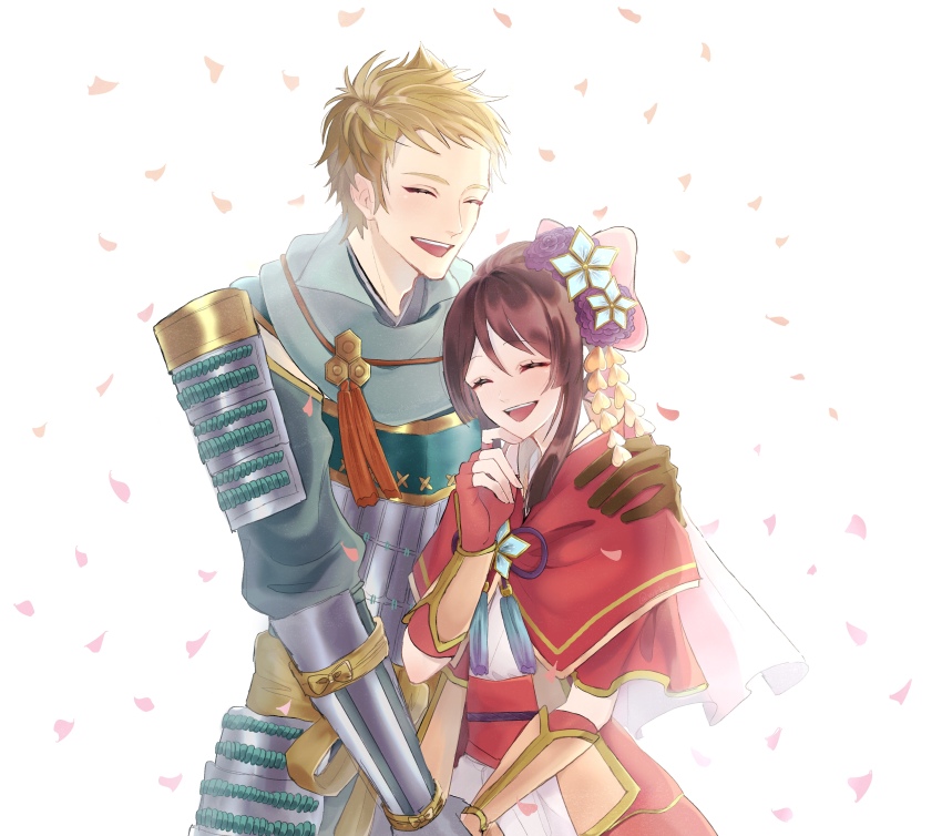 absurdres arm_around_shoulder armor azai_nagamasa blonde_hair brown_hair closed_eyes hair_ornament highres holding_hands husband_and_wife japanese_clothes kimono oichi oichi_(sengoku_musou) petals sengoku_musou sengoku_musou_5 smile